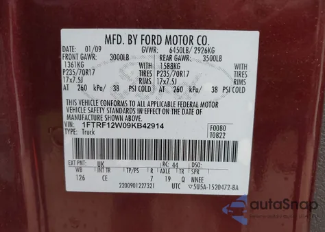 2009 Ford F150 z USA, uszkodzony, nr VIN 1FTRF12W09KB42914